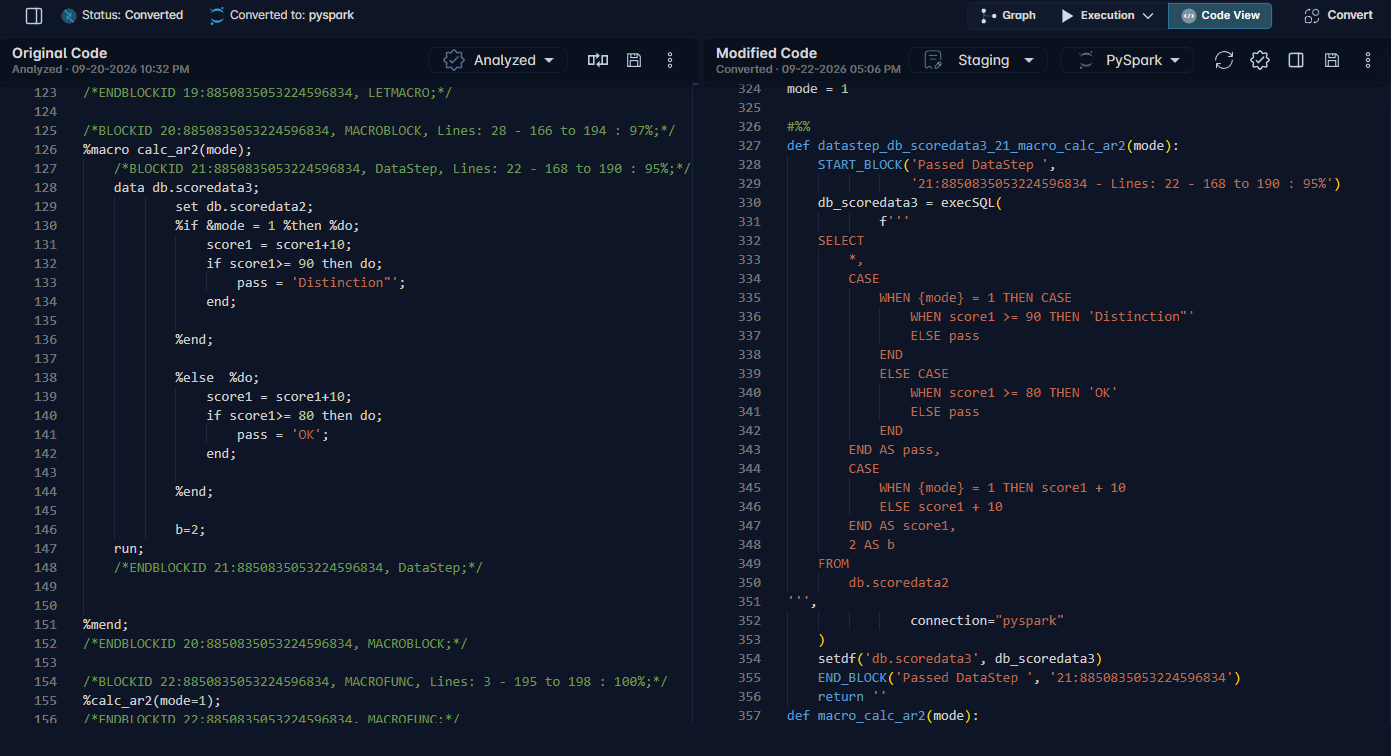 The converter: SAS macro code on the left and the generated PySpark on the right, with each block marked Passed.
