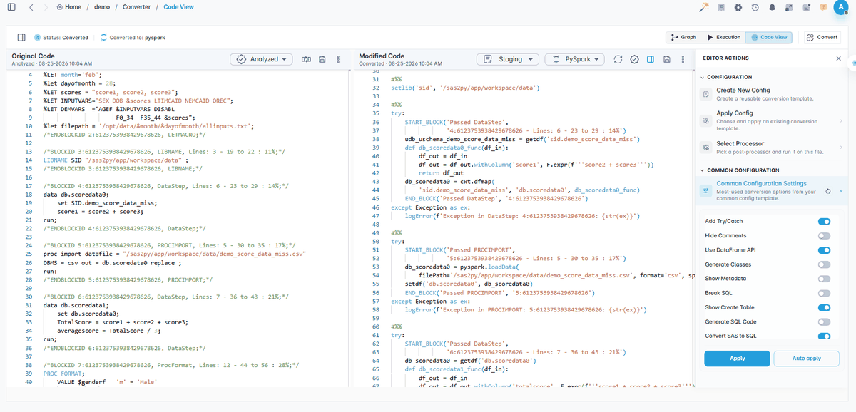 The converter portal: a real SAS job on the left, the generated PySpark on the right, with per-block editor actions.